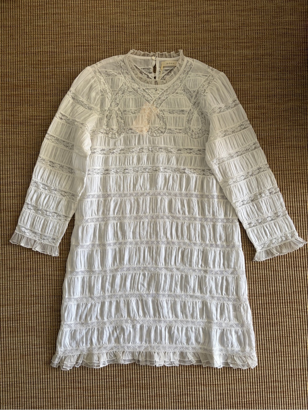NWT Doen Jacquette Ramie Lace Ruffle Shirred Long Sleeve Mini Dress Salt White - Picture 9 of 16